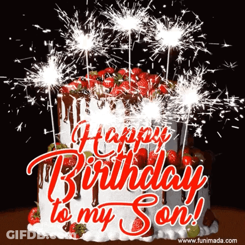 Birthday Cake With Sparklers And Strawberries GIF