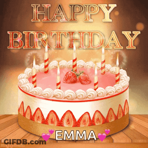 Birthday Cake With Strawberries And Candles Named Emma GIF