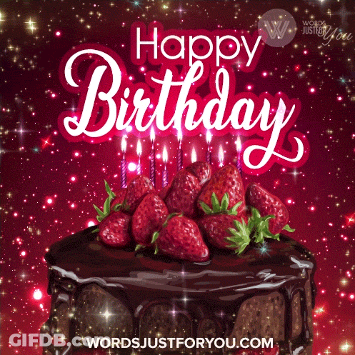 Birthday Cake With Strawberries And Candles Saying Happy Birthday GIF