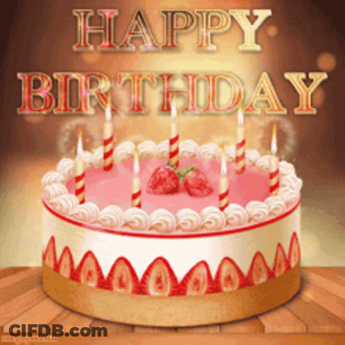 Birthday Cake With Strawberries And Candles Saying Happy Birthday GIF