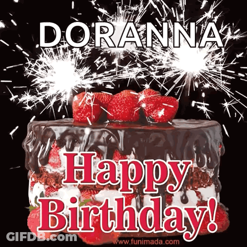 Birthday Cake With Strawberries And Sparklers Saying Happy Birthday GIF