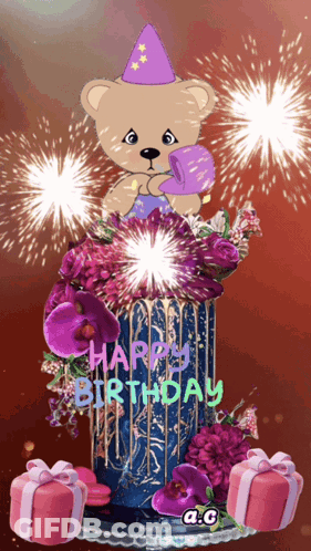 Birthday Cake With Teddy Bear Saying Happy Birthday GIF
