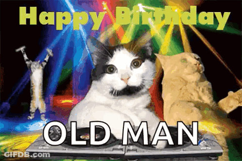 Birthday Card Cat On Turntable Old Man GIF