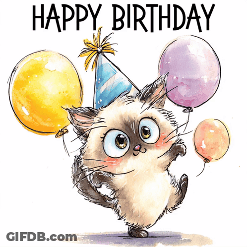 Birthday Card Cat Wearing Party Hat Holding Balloons GIF