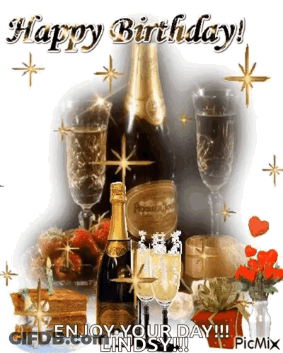 Birthday Card Champagne Bottle And Glasses GIF