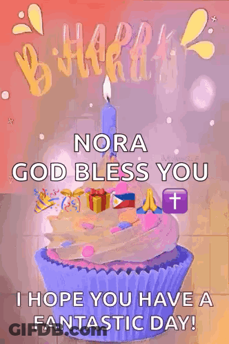 Birthday Card Cupcake With Candle Nora God Bless You GIF