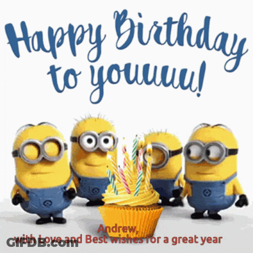 Birthday Card For Andrew With Cupcake And Minions GIF