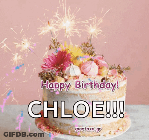Birthday Card For Chloe With Cake And Fireworks GIF