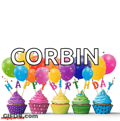 Birthday Card For Corbin With Cupcakes And Balloons GIF