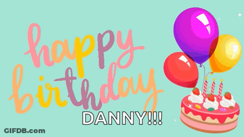 Birthday Card For Danny With Balloons And Cake GIF
