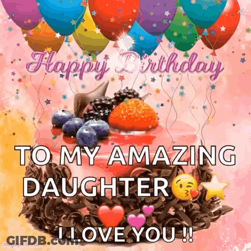 Birthday Card For Daughter With Cake And Balloons GIF