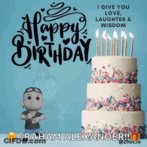 Birthday Card For Graham Alexander With Cake And Candles GIF