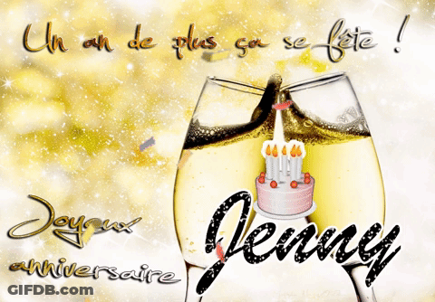 Birthday Card For Jenny With Cake And Champagne Glasses GIF