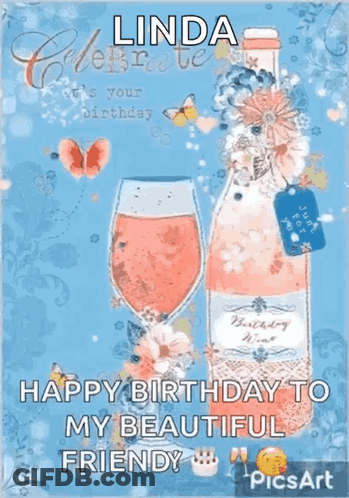 Birthday Card For Linda With Wine Bottle Glasses GIF