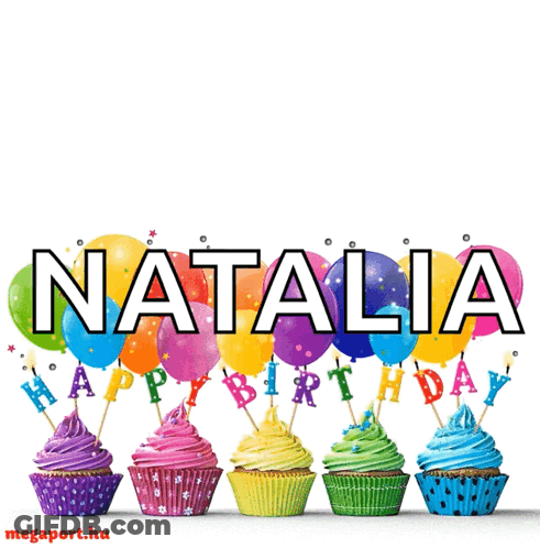 Birthday Card For Natalia With Cupcakes And Colorful Balloons GIF