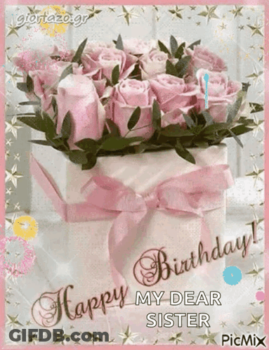Birthday Card For Sister With Pink Roses GIF
