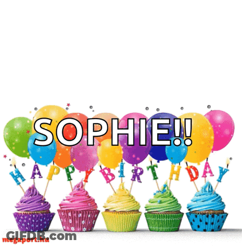 Birthday Card For Sophie With Cupcakes And Balloons GIF