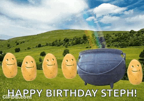 Birthday Card For Steph With Potatoes And Rainbow Cauldron GIF