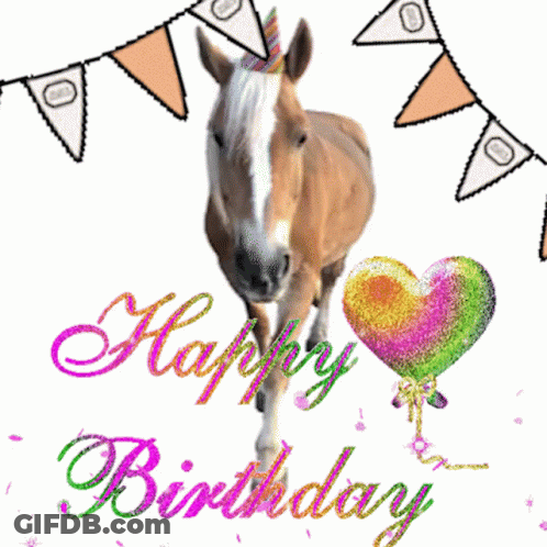 Birthday Card Horse With Party Hat And Heart Balloon GIF
