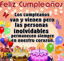 Birthday Card In Spanish With Balloons And Cake GIF