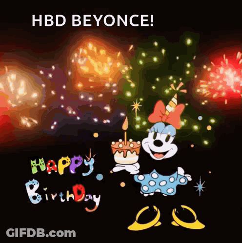 Birthday Card Minnie Mouse Holding Cake With Candle And Fireworks GIF