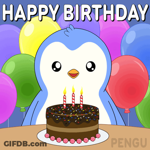 Birthday Card Penguin And Cake GIF