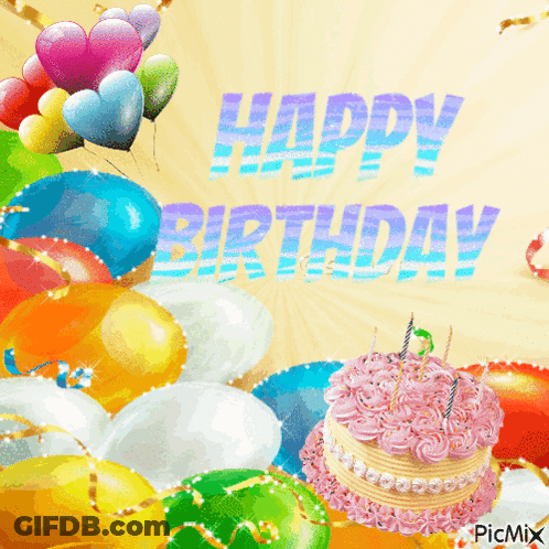 Birthday Card With Balloons And Cake Saying Happy Birthday GIF