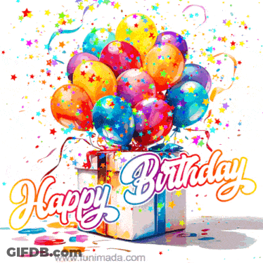 Birthday Card With Balloons And Confetti Saying Happy Birthday GIF