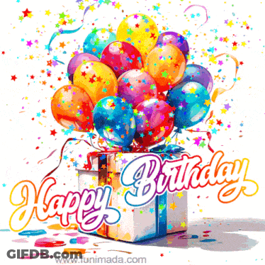 Birthday Card With Balloons And Confetti Saying Happy Birthday GIF