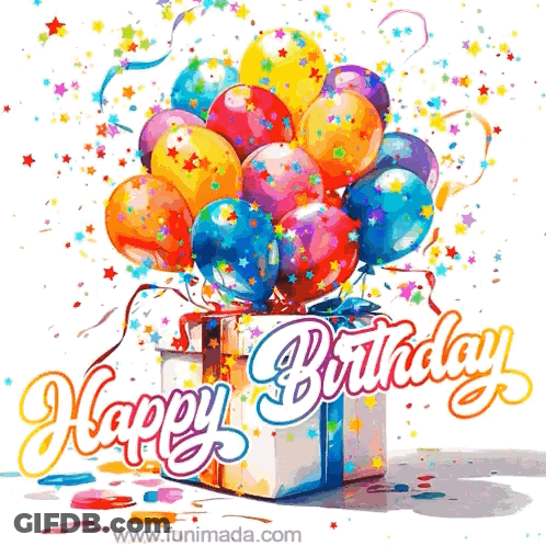 Birthday Card With Balloons And Gift GIF