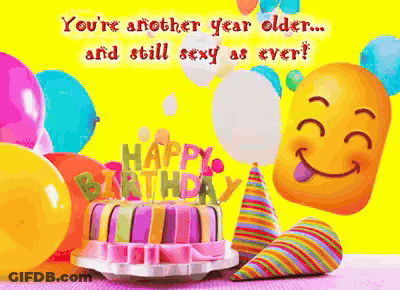 Birthday Card With Balloons Cake And Smiley Face GIF