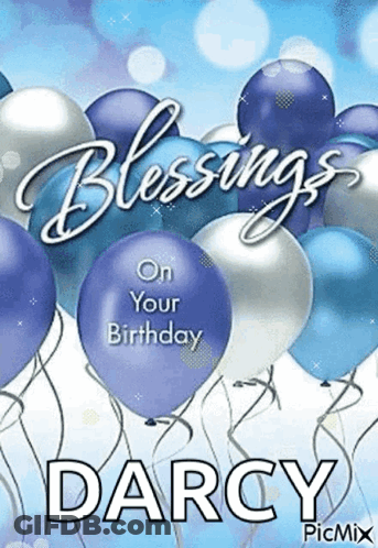 Birthday Card With Blue And Silver Balloons And Darcy GIF