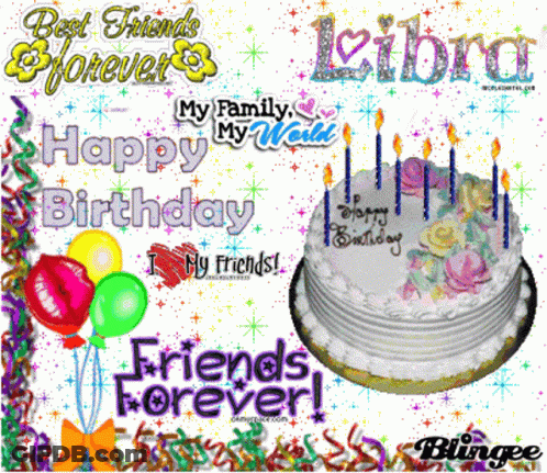 Birthday Card With Cake And Balloons Saying Happy Birthday I Love My Friends GIF