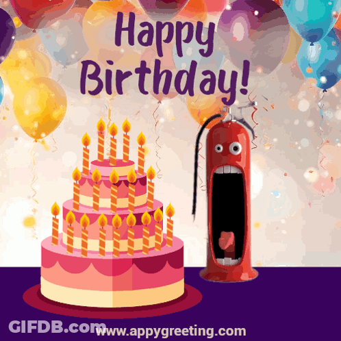 Birthday Card With Cake And Fire Extinguisher Face GIF