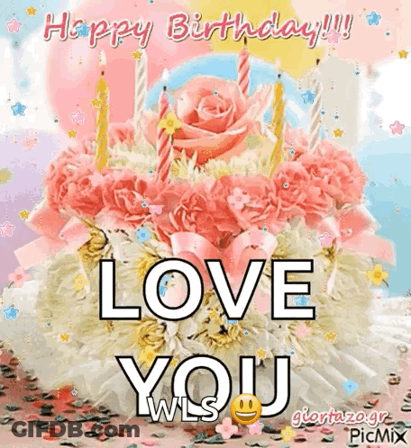 Birthday Card With Cake And Flowers GIF