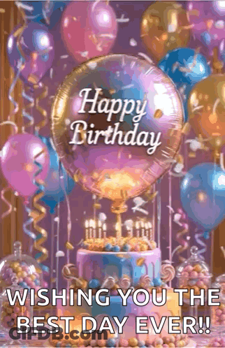 Birthday Card With Cake Balloons Confetti GIF