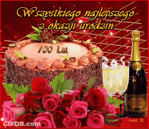 Birthday Card With Cake, Roses, Champagne GIF