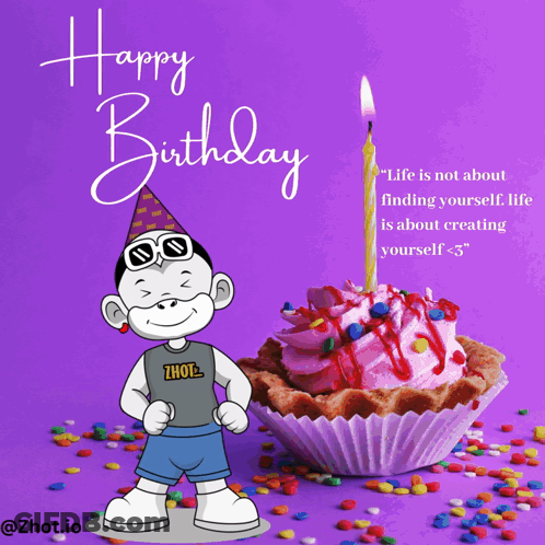 Birthday Card With Cartoon Character And Cupcake GIF