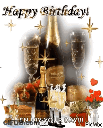 Birthday Card With Champagne And Glasses GIF