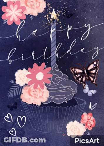 Birthday Card With Cupcake Candle And Flowers GIF