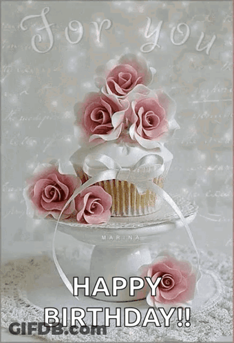Birthday Card With Cupcake Decorated With Pink Roses GIF