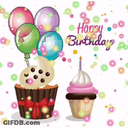 Birthday Card With Cupcakes And Balloons GIF