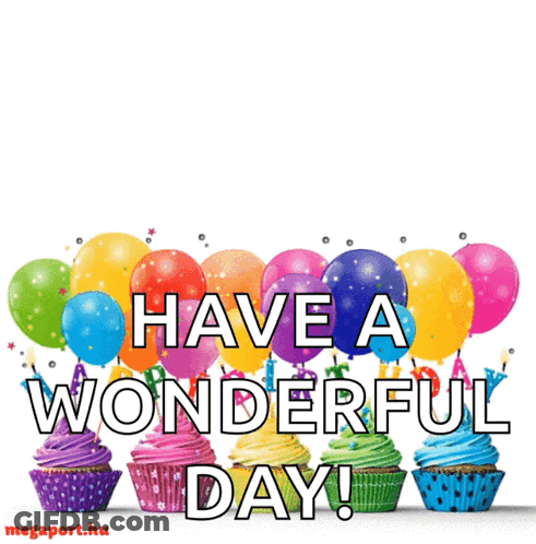 Birthday Card With Cupcakes And Balloons Saying Have A Wonderful Day GIF