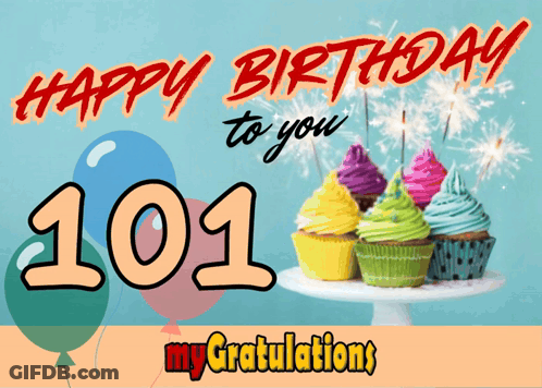 Birthday Card With Cupcakes And Balloons Says Happy Birthday 101 My Gratulations GIF