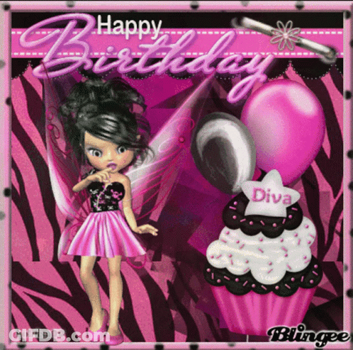 Birthday Card With Doll And Cupcake Diva GIF