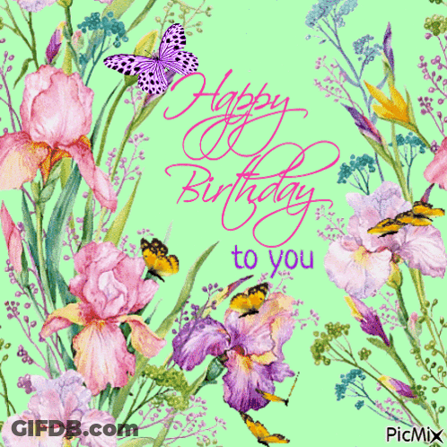 Birthday Card With Flowers Butterflies Saying Happy Birthday GIF