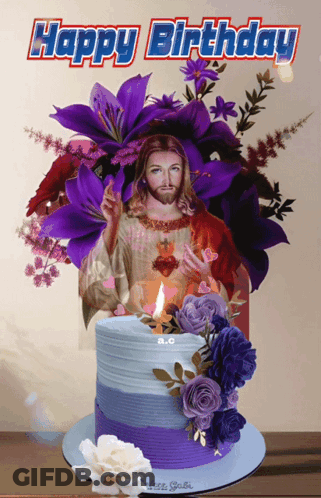 Birthday Card With Jesus And Purple Flowers GIF