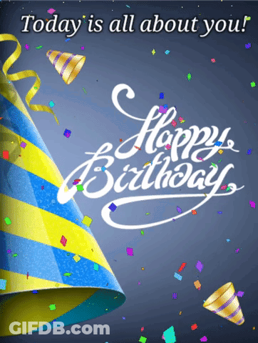 Birthday Card With Party Hat And Confetti Says Today Is All About You GIF
