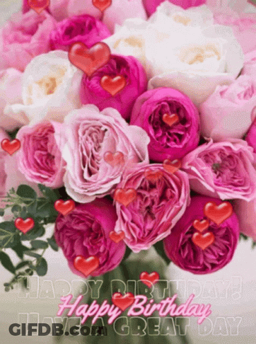 Birthday Card With Pink And White Roses And Hearts GIF