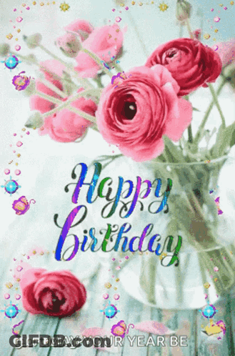 Birthday Card With Pink Flowers GIF